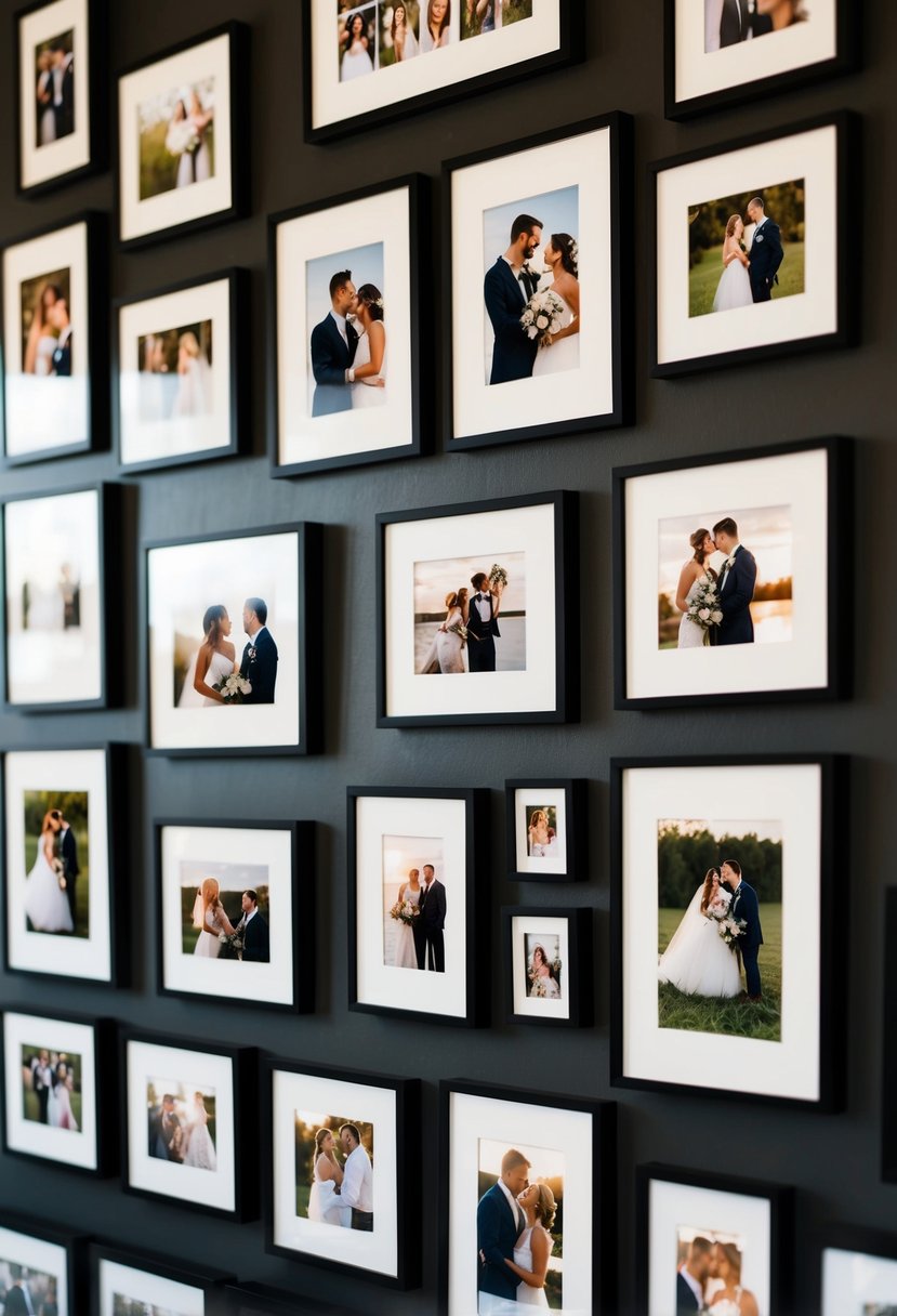 A collection of wedding photos arranged in various frames and sizes on a wall