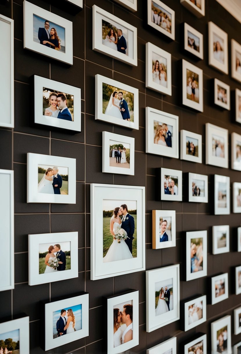 A feature wall covered in photo tiles displaying wedding photos in various sizes and frames