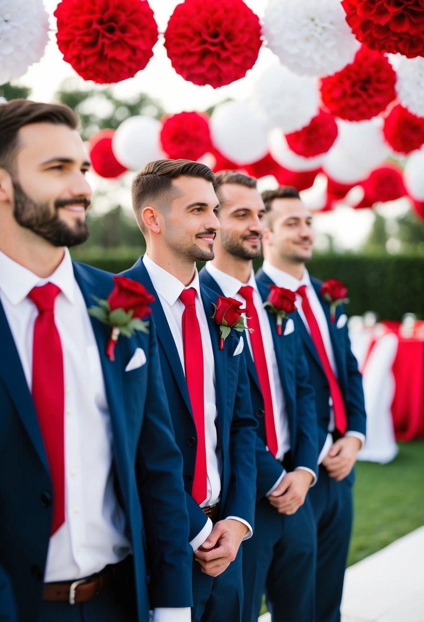 Groomsmen wearing red ties stand in a line, with red roses in their buttonholes, against a backdrop of red and white wedding decorations