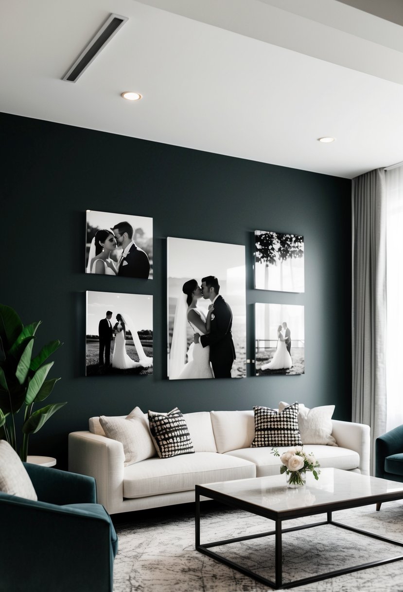 A modern living room with a large acrylic print gallery wall featuring sleek wedding photos in black and white