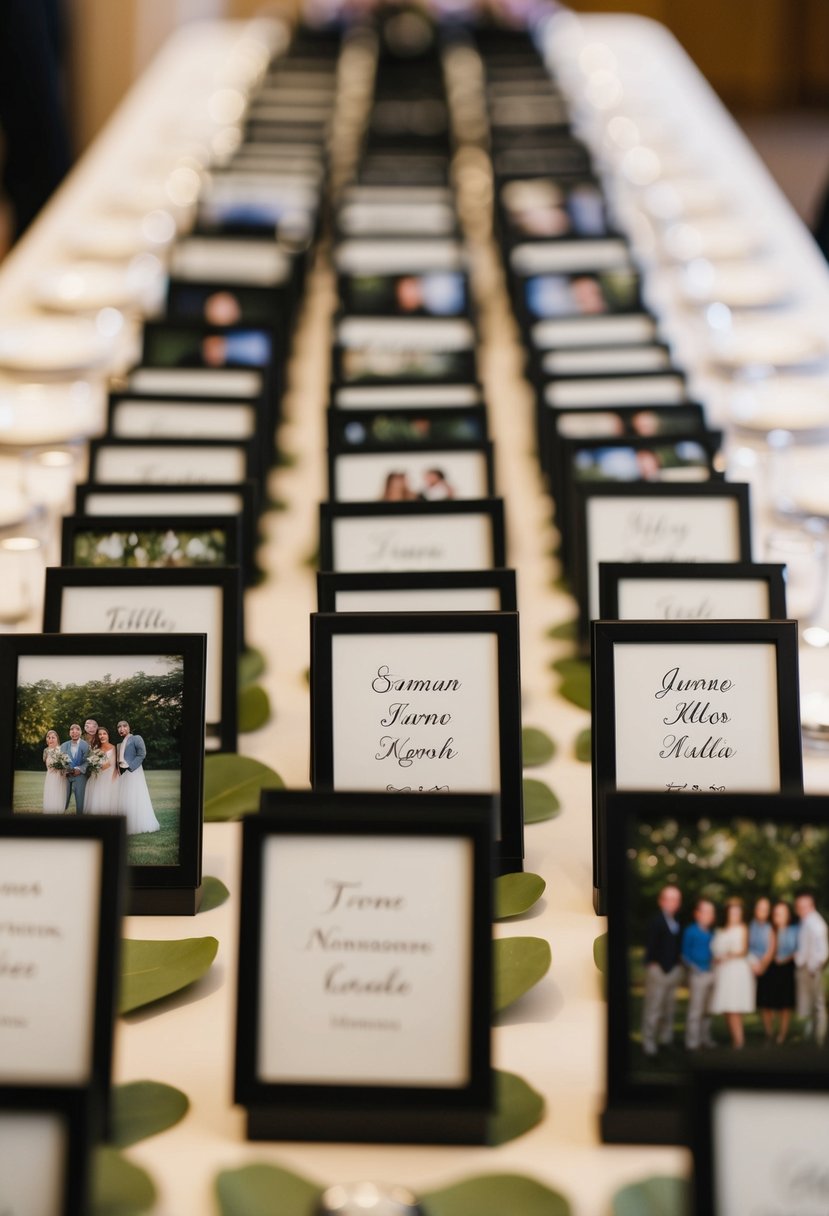 A table with small framed photos arranged in rows, each with a guest's name