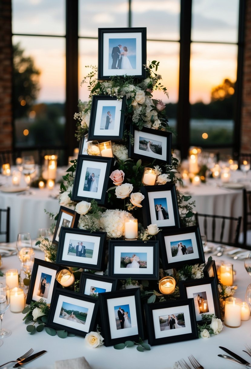 A table adorned with framed wedding photos arranged in a cascading display, surrounded by delicate floral centerpieces and glowing candles