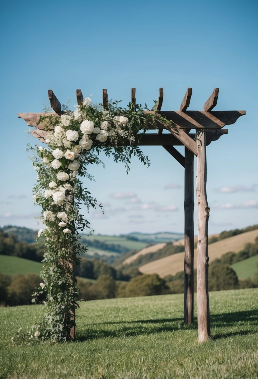 A rustic wooden arbor adorned with lush greenery and delicate white flowers, set against a backdrop of rolling hills and a clear blue sky