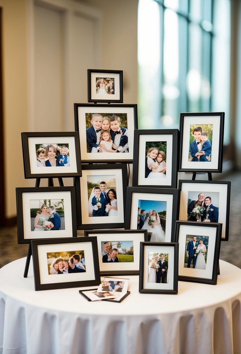 A table with framed childhood and wedding photos arranged in a collage-style display