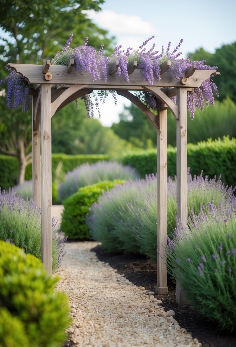 A rustic wood arbor adorned with lavender accents stands in a lush garden setting