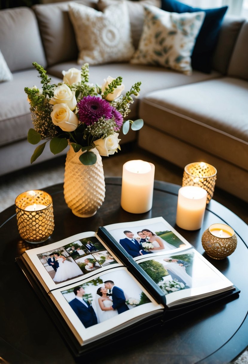 A coffee table in a living room displays an album of wedding photos, surrounded by decorative candles and a vase of flowers