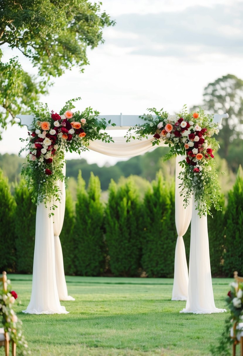 An elegant wedding arbor adorned with lush greenery and vibrant floral drapes