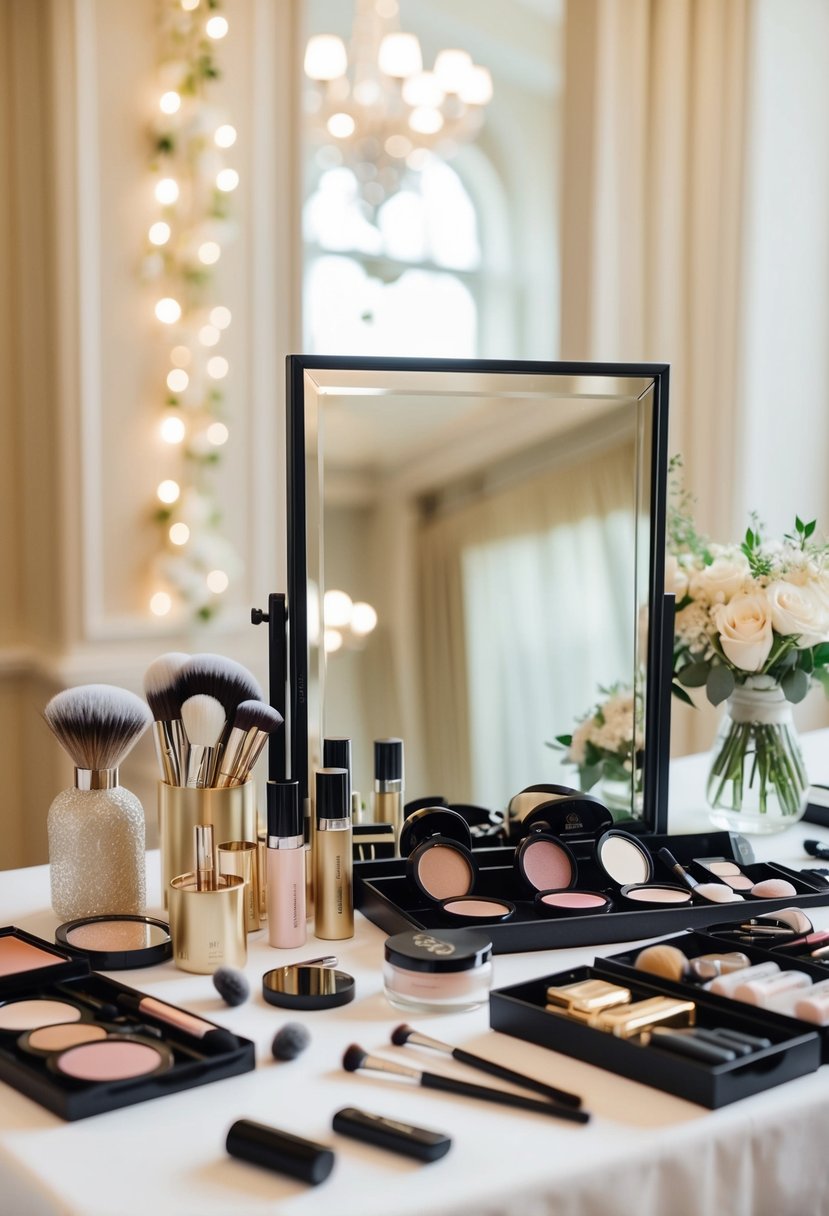 A table with various makeup products and tools arranged neatly for a wedding. A mirror reflects the soft lighting and elegant decor of the room