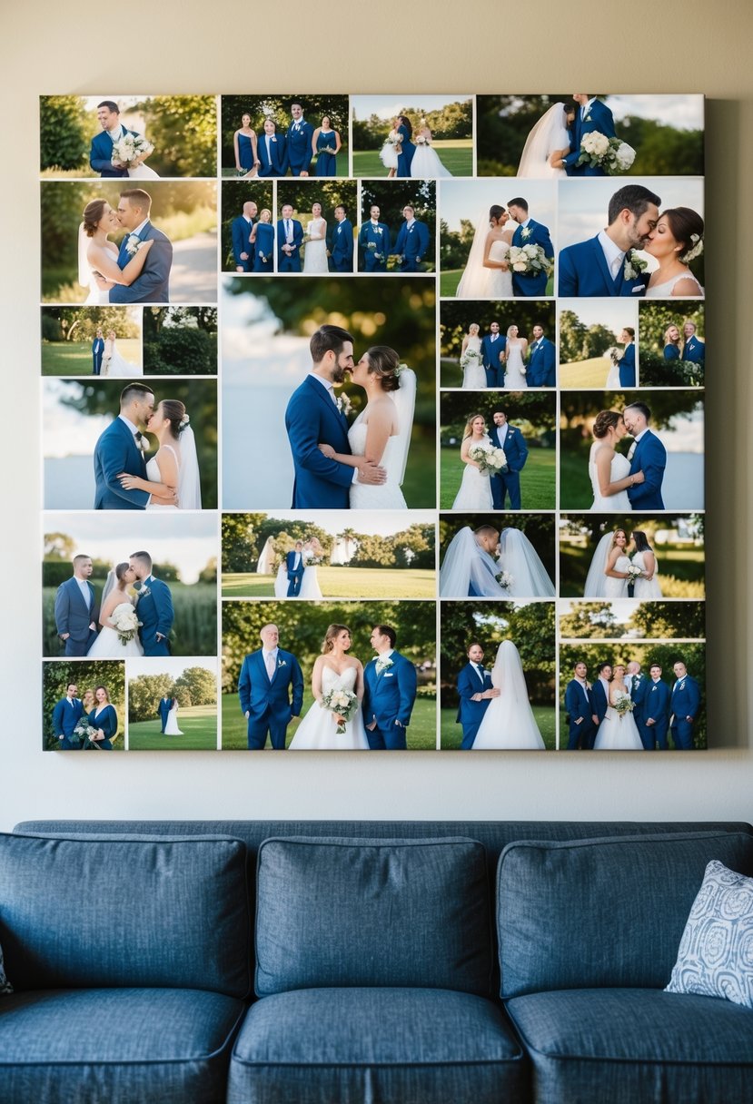 A large canvas above a couch, displaying a collage of wedding photos in various sizes and orientations