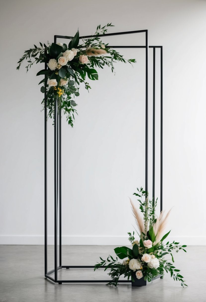 A sleek metal arbor stands in a geometric design, adorned with modern floral arrangements, set against a minimalist backdrop