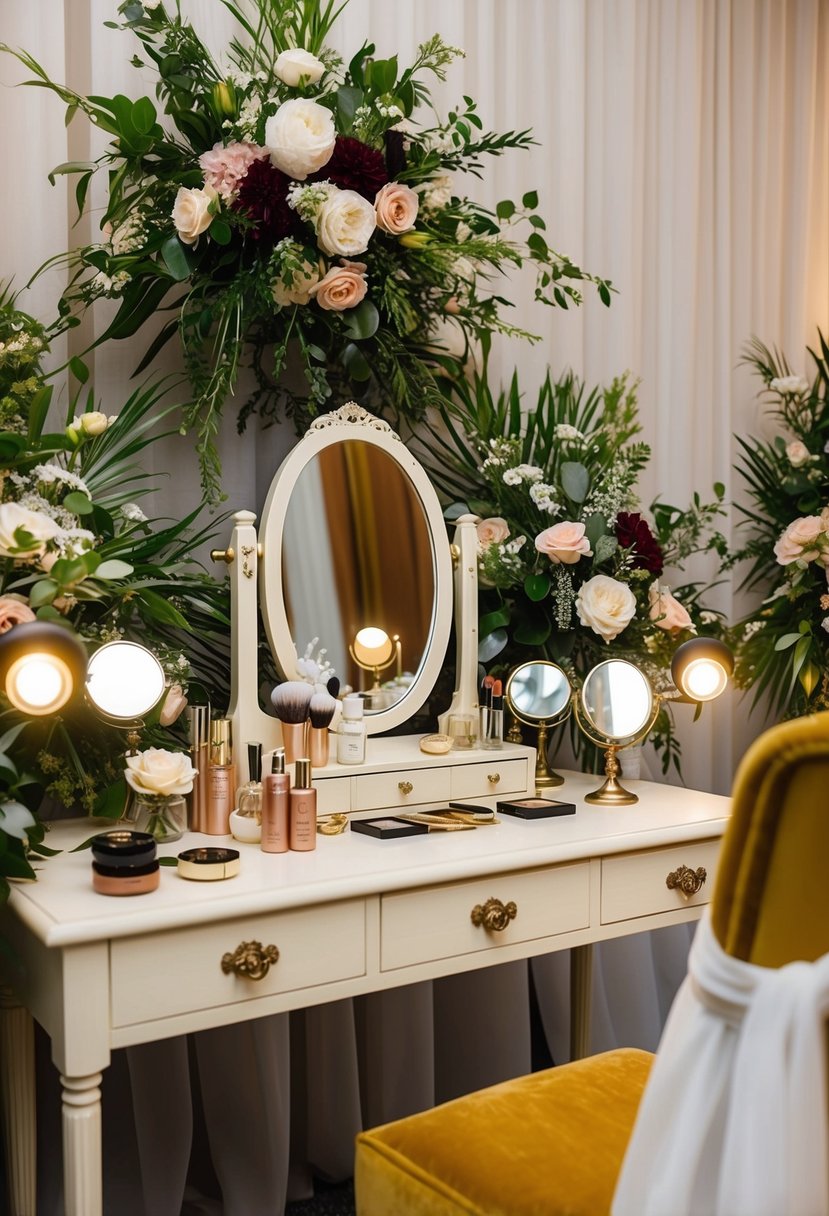 A vintage vanity table with antique makeup products and a mirror, surrounded by floral arrangements and soft lighting for a wedding