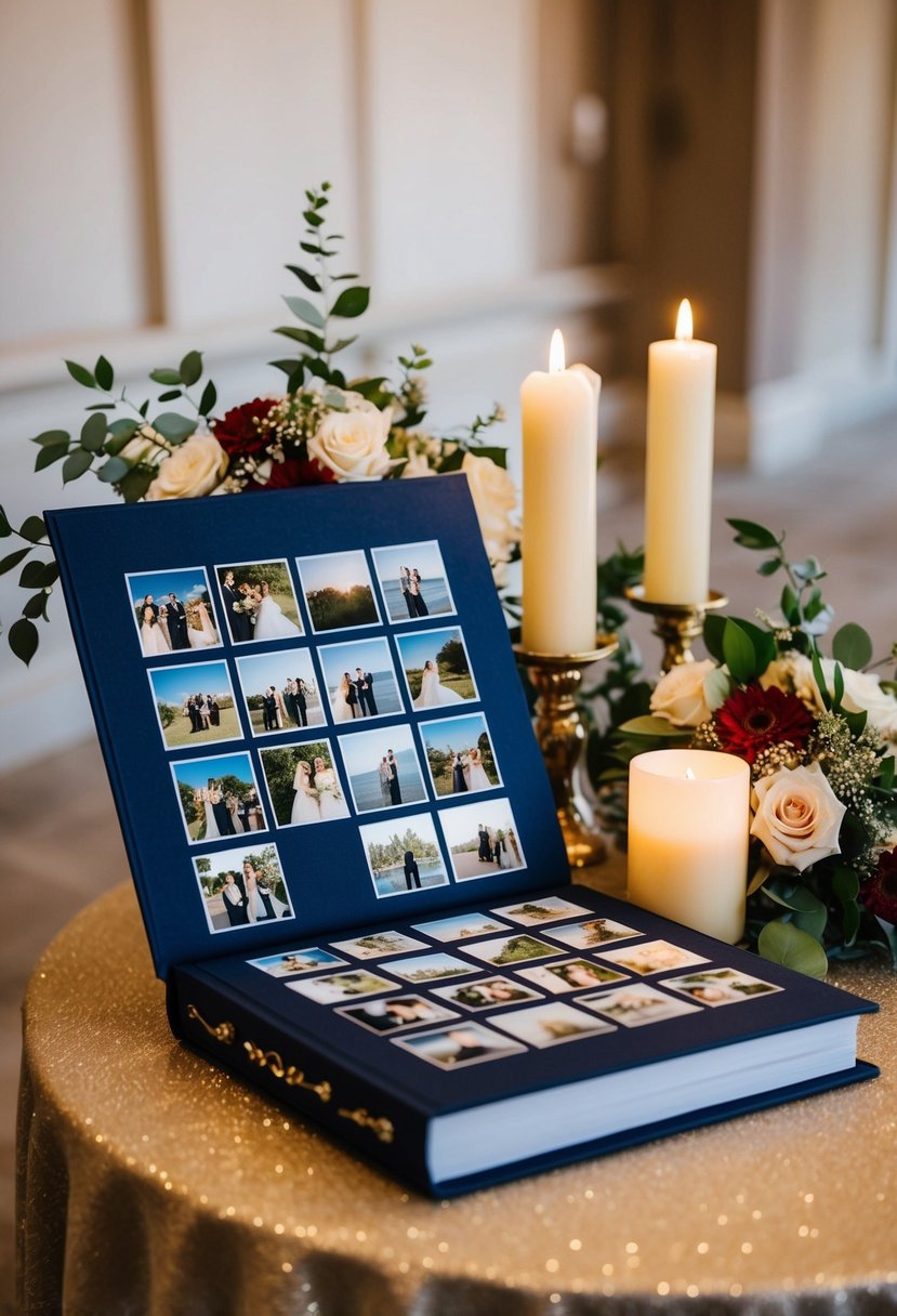 A guest book filled with wedding photos displayed on a table with decorative flowers and candles