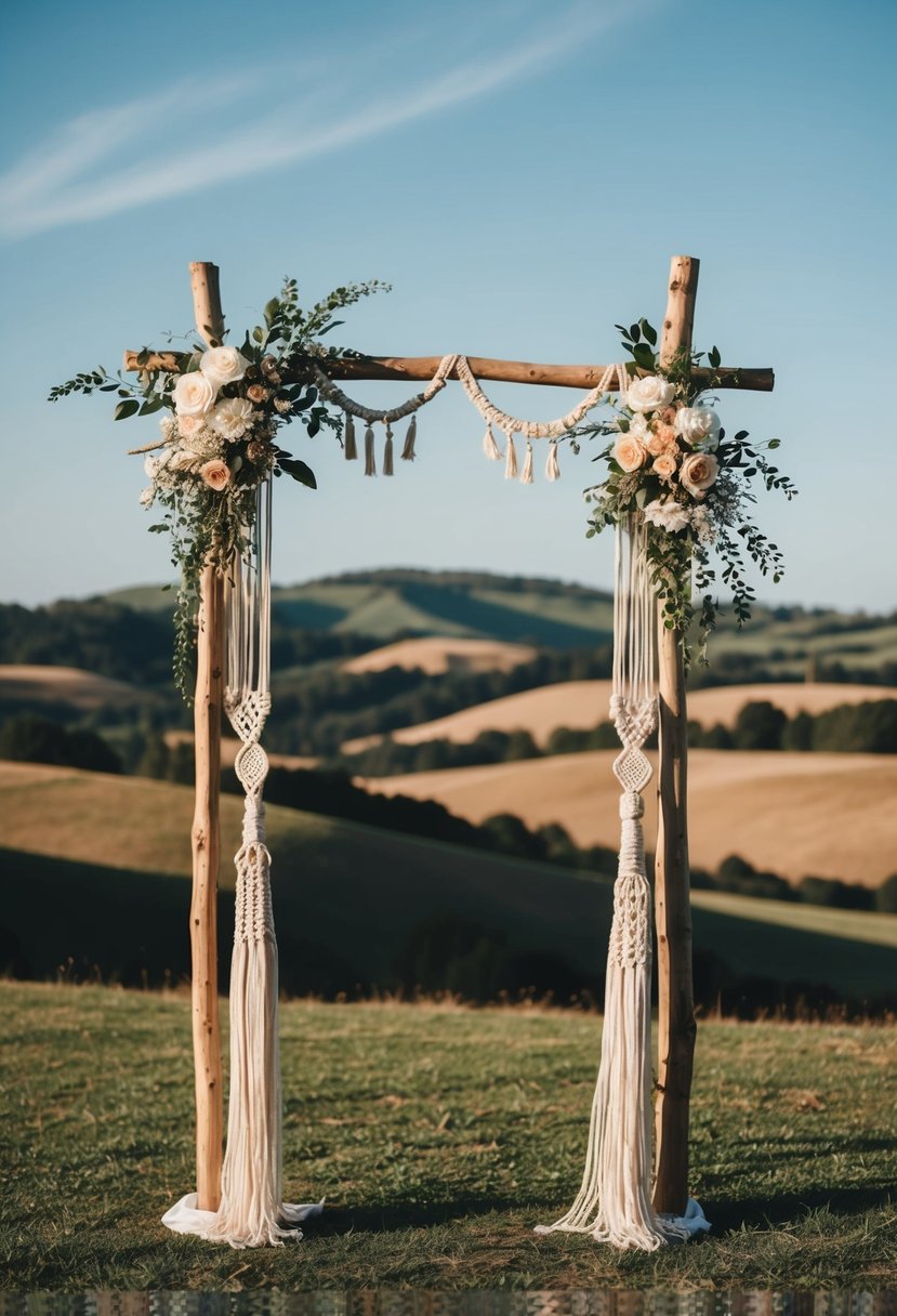 A boho macrame wedding arch stands adorned with flowers and greenery, set against a backdrop of rolling hills and a clear blue sky