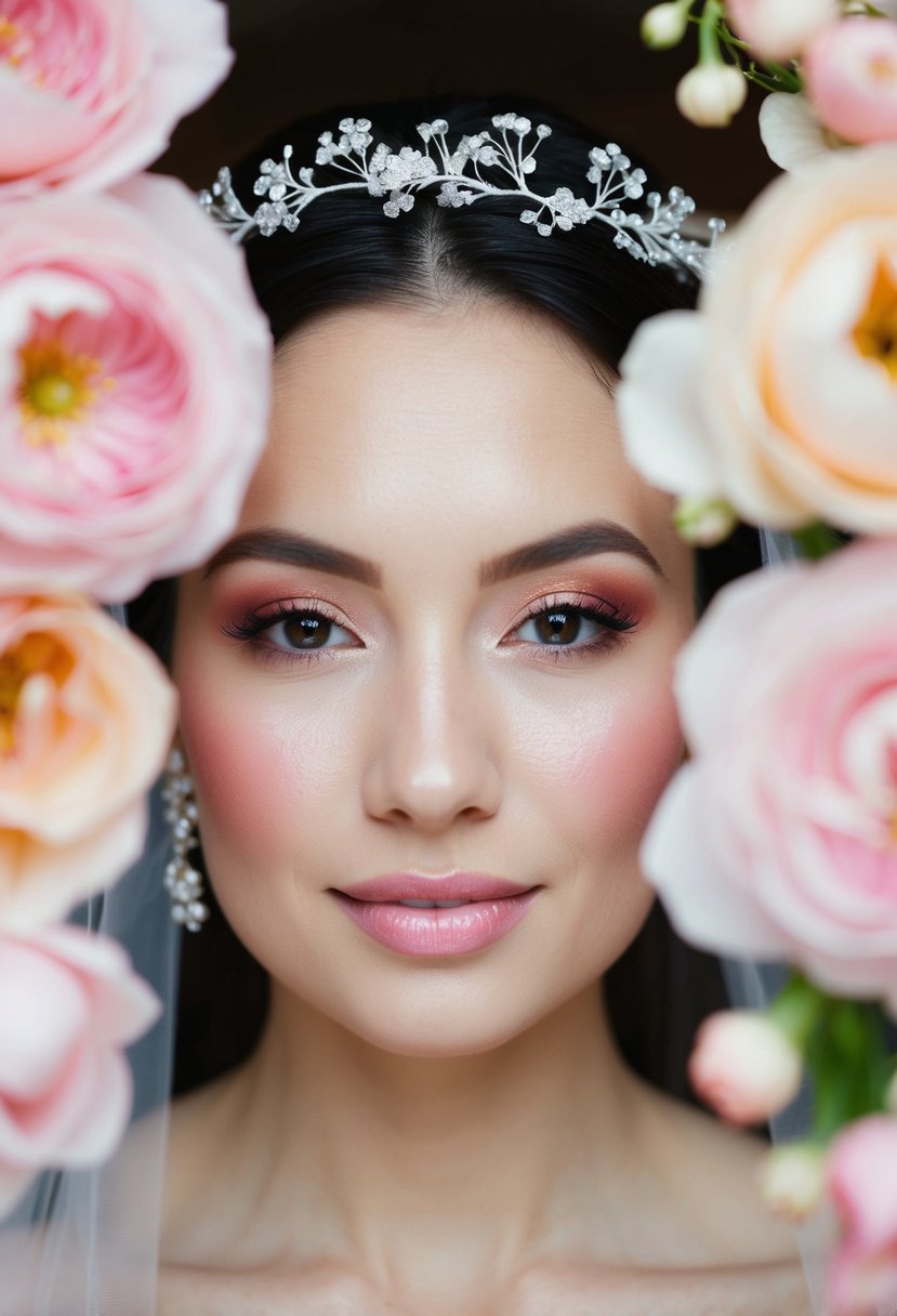 A bride's face with dewy skin, adorned with soft pink blush and shimmering highlighter, framed by a delicate floral hairpiece