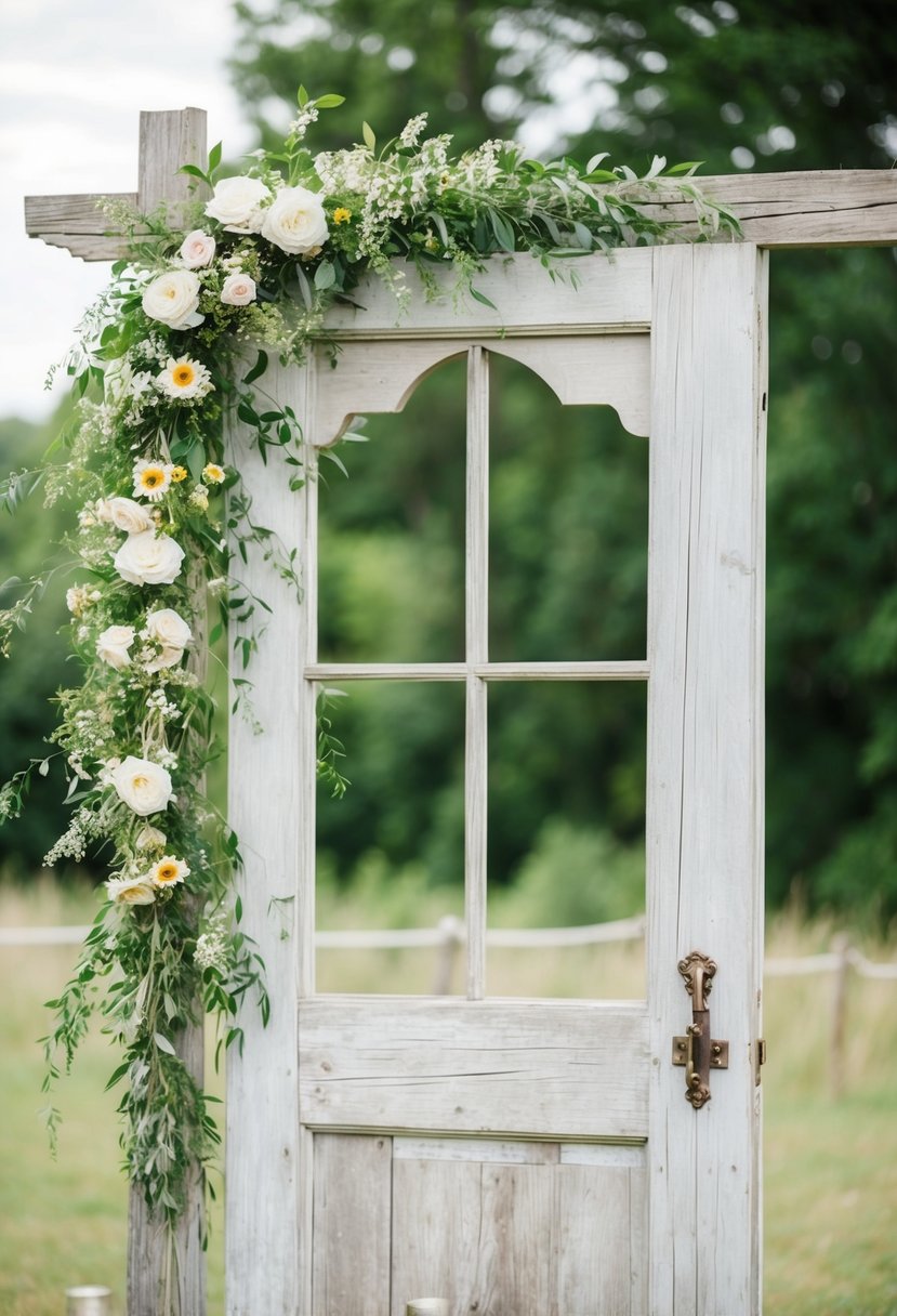 A weathered wooden door frame serves as a rustic arbor for a vintage-themed wedding ceremony. Wildflowers and greenery adorn the structure, creating a charming and romantic backdrop