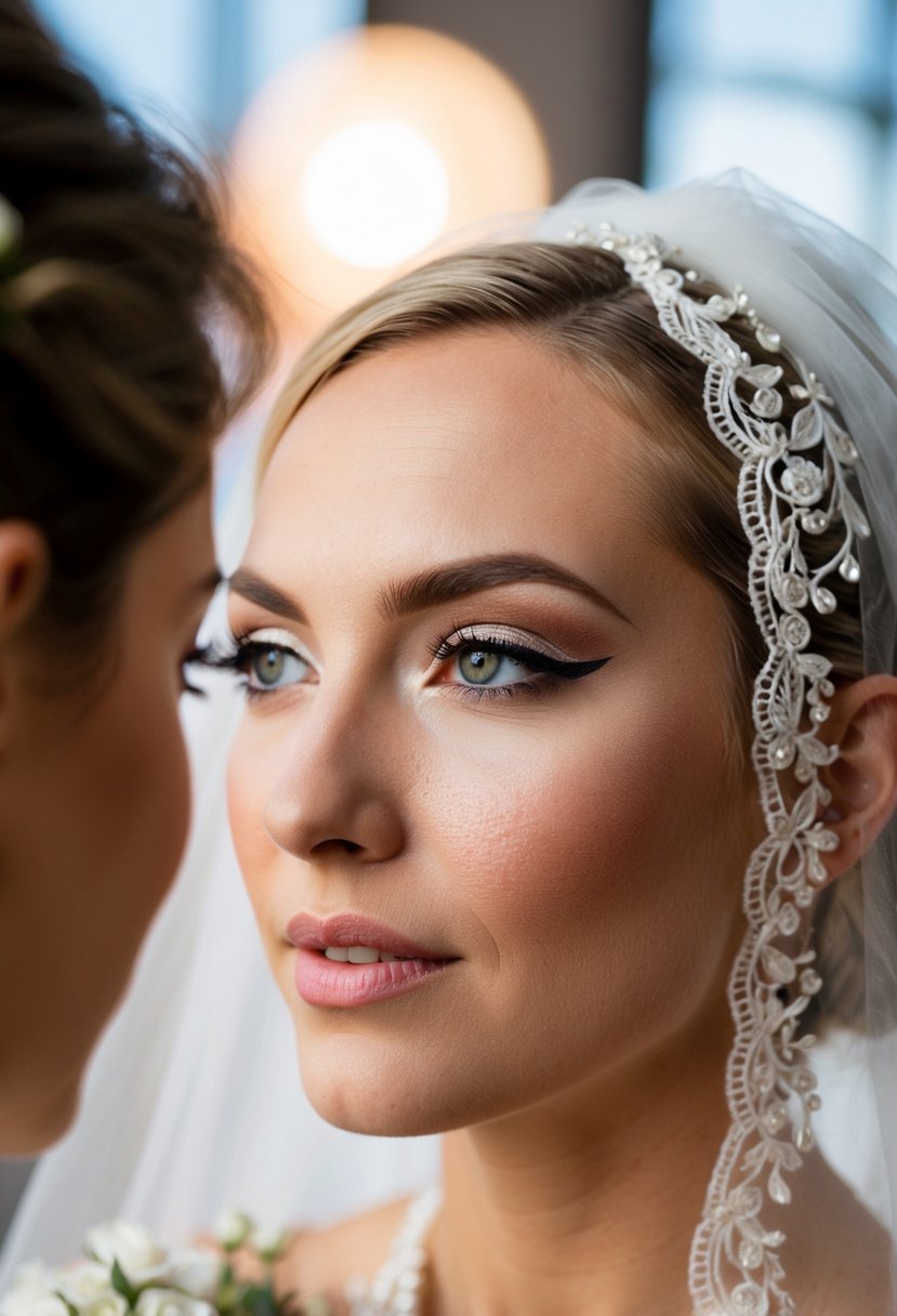 Soft lighting illuminates a bride's eye with a delicate shadow liner, enhancing her natural beauty for her wedding day