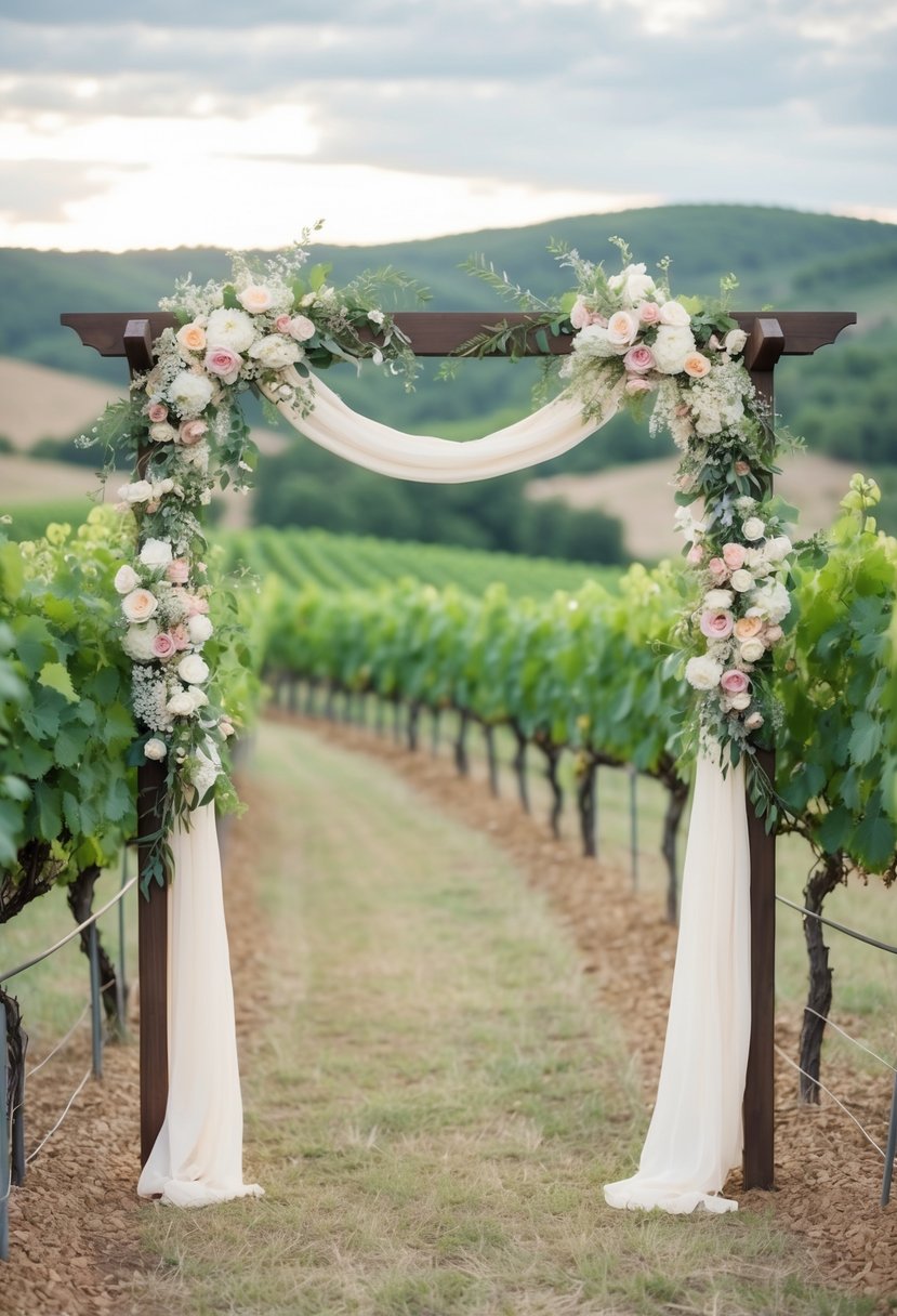 A vineyard arbor adorned with lush floral arrangements and draped in delicate fabric, set against a backdrop of rolling hills and grapevines