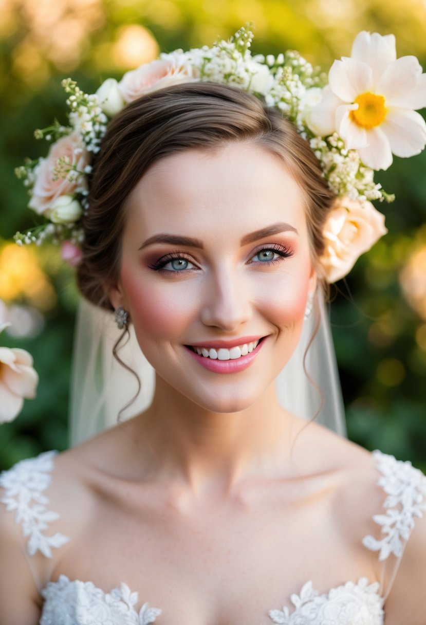 A blushing bride with rosy cheeks and soft, radiant makeup, surrounded by delicate flowers and glowing in the warm light of her wedding day