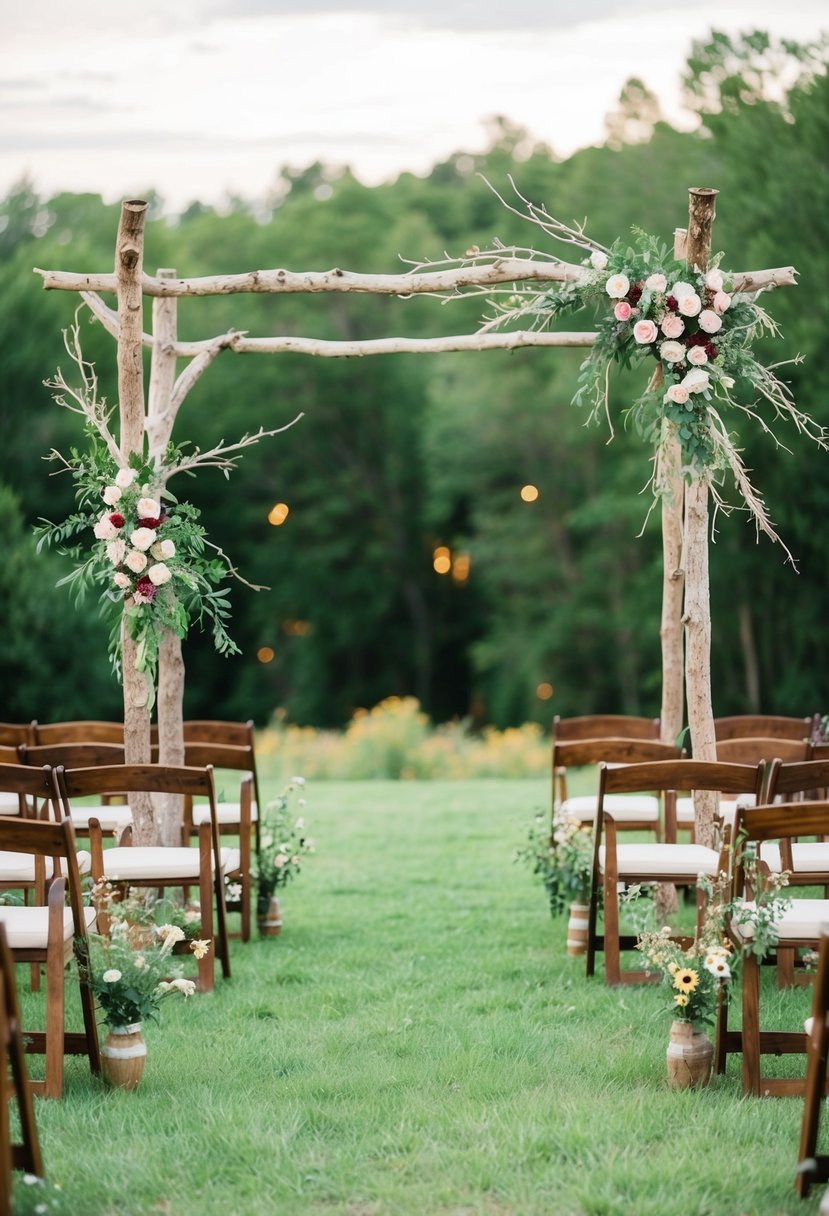 A rustic wedding arbor with asymmetrical branches and wildflowers