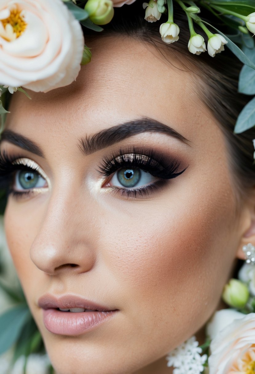 A bride's eye with dramatic, voluminous lashes and subtle eyeshadow, surrounded by elegant floral decorations