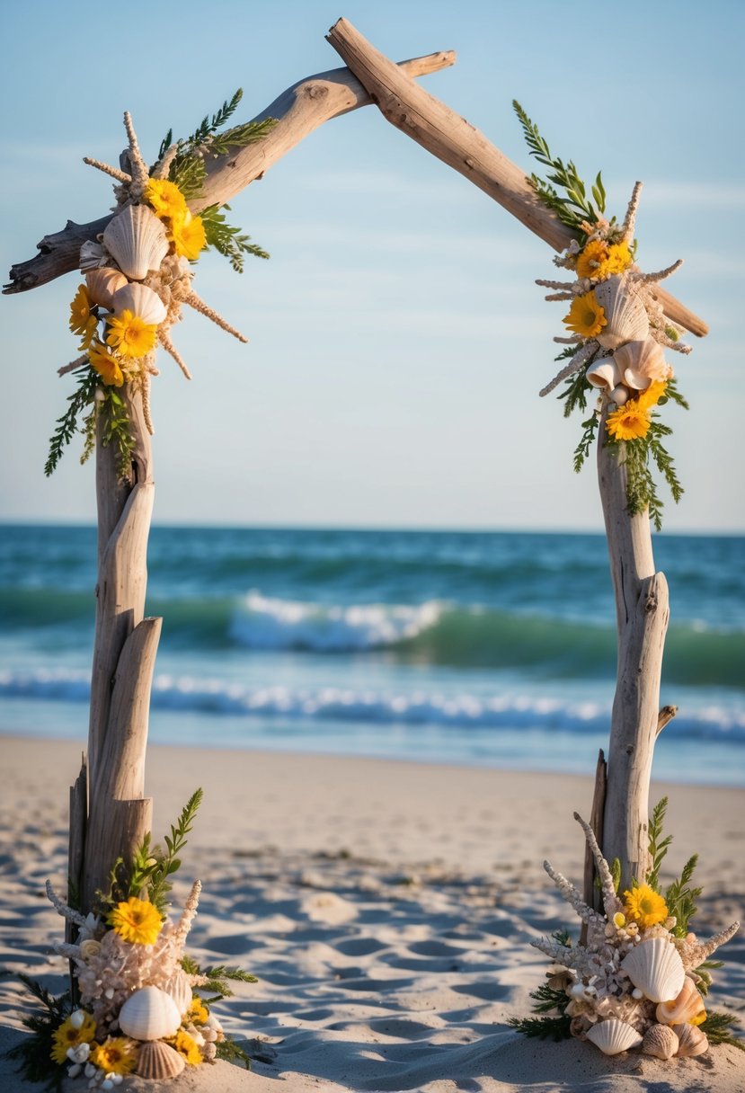 A driftwood arch adorned with seashells and flowers stands on a sandy beach with ocean waves in the background