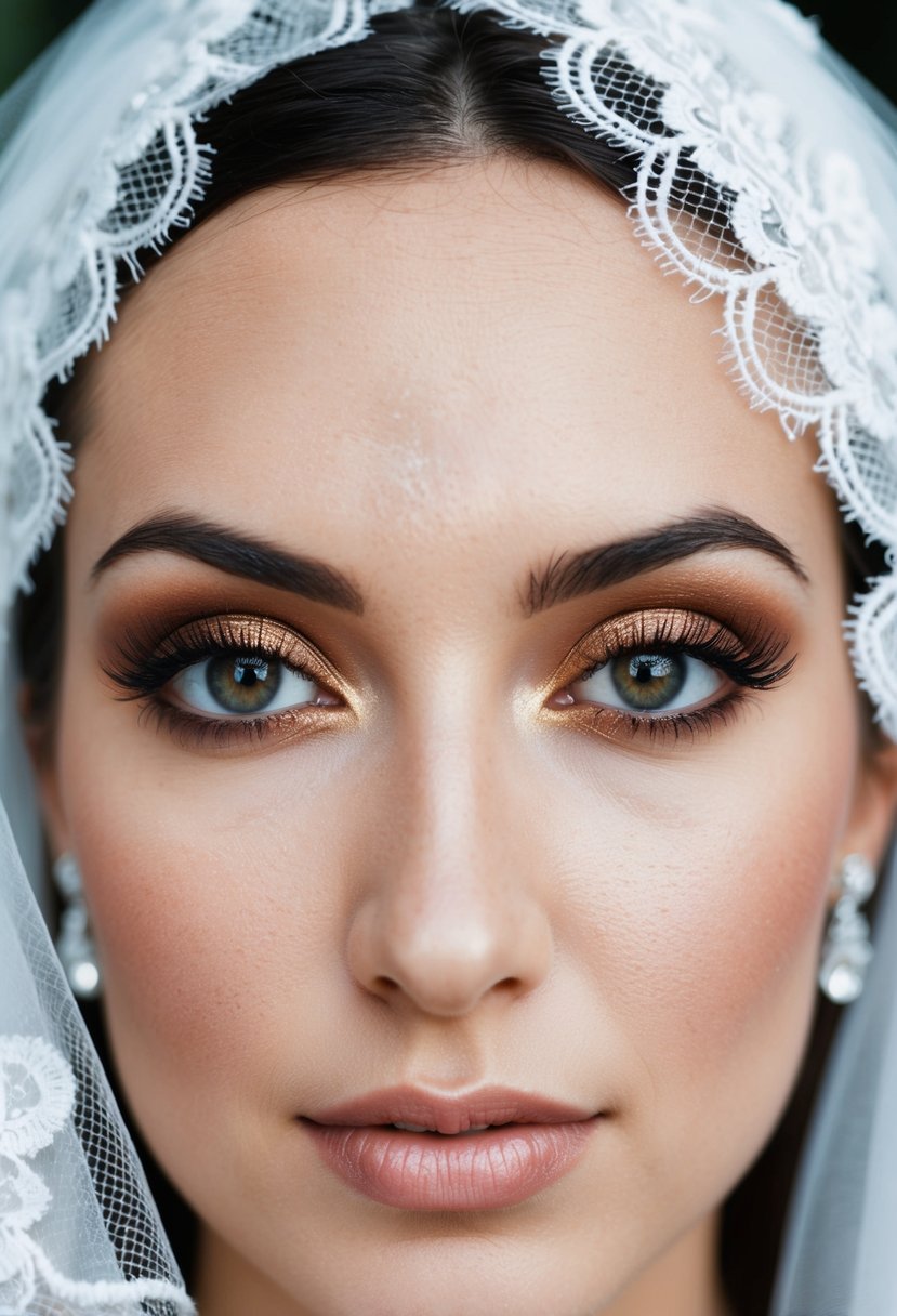 A bride's eyes with bronze lids and long lashes, framed by delicate lace veil