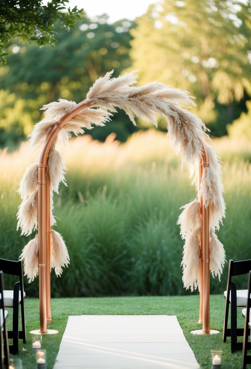 A copper pipe arch adorned with hanging pampas grass creates a whimsical and elegant wedding arbor