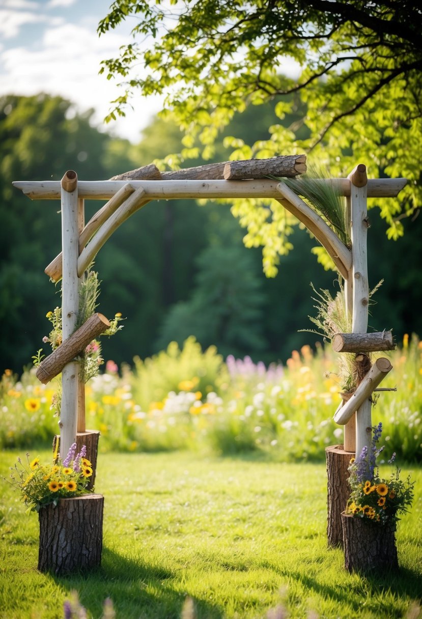 A rustic wooden arbor adorned with natural logs and wildflowers, set against a backdrop of lush greenery and dappled sunlight