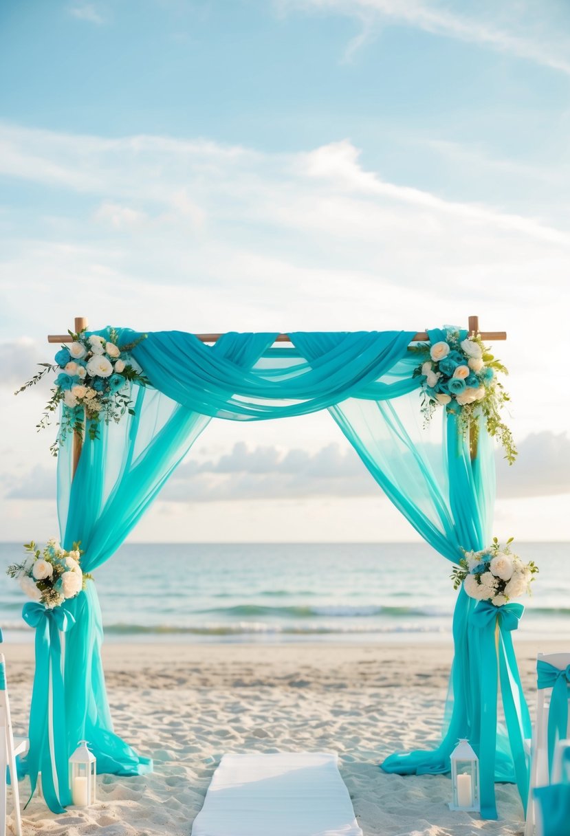 A serene beach wedding with teal accents: a flowing teal canopy, teal flowers, and teal ribbons fluttering in the breeze