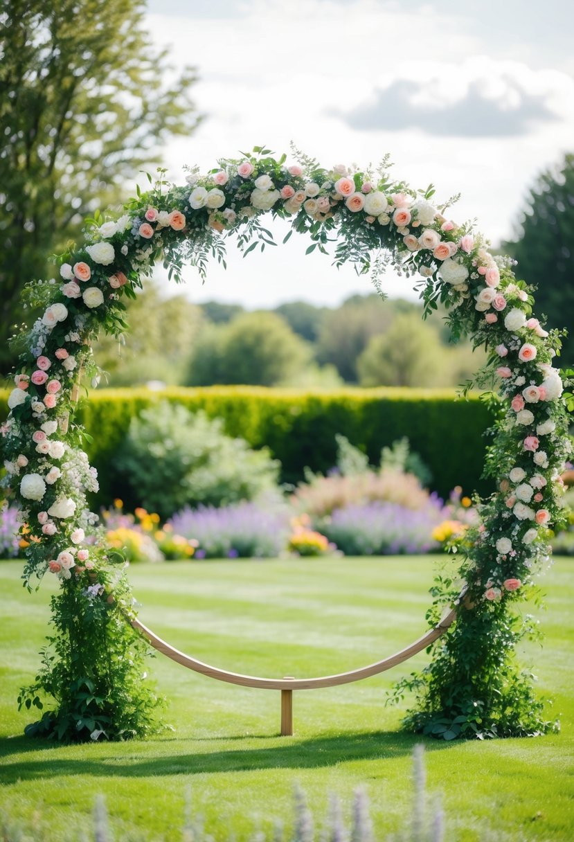 A circular floral hoop arbor stands in a garden, adorned with lush greenery and colorful flowers, creating a romantic and elegant wedding backdrop