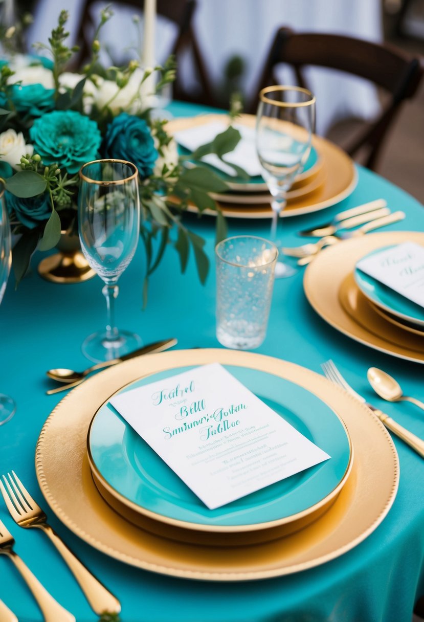 A teal wedding table adorned with gold-rimmed plates, shimmering gold cutlery, and teal floral centerpieces