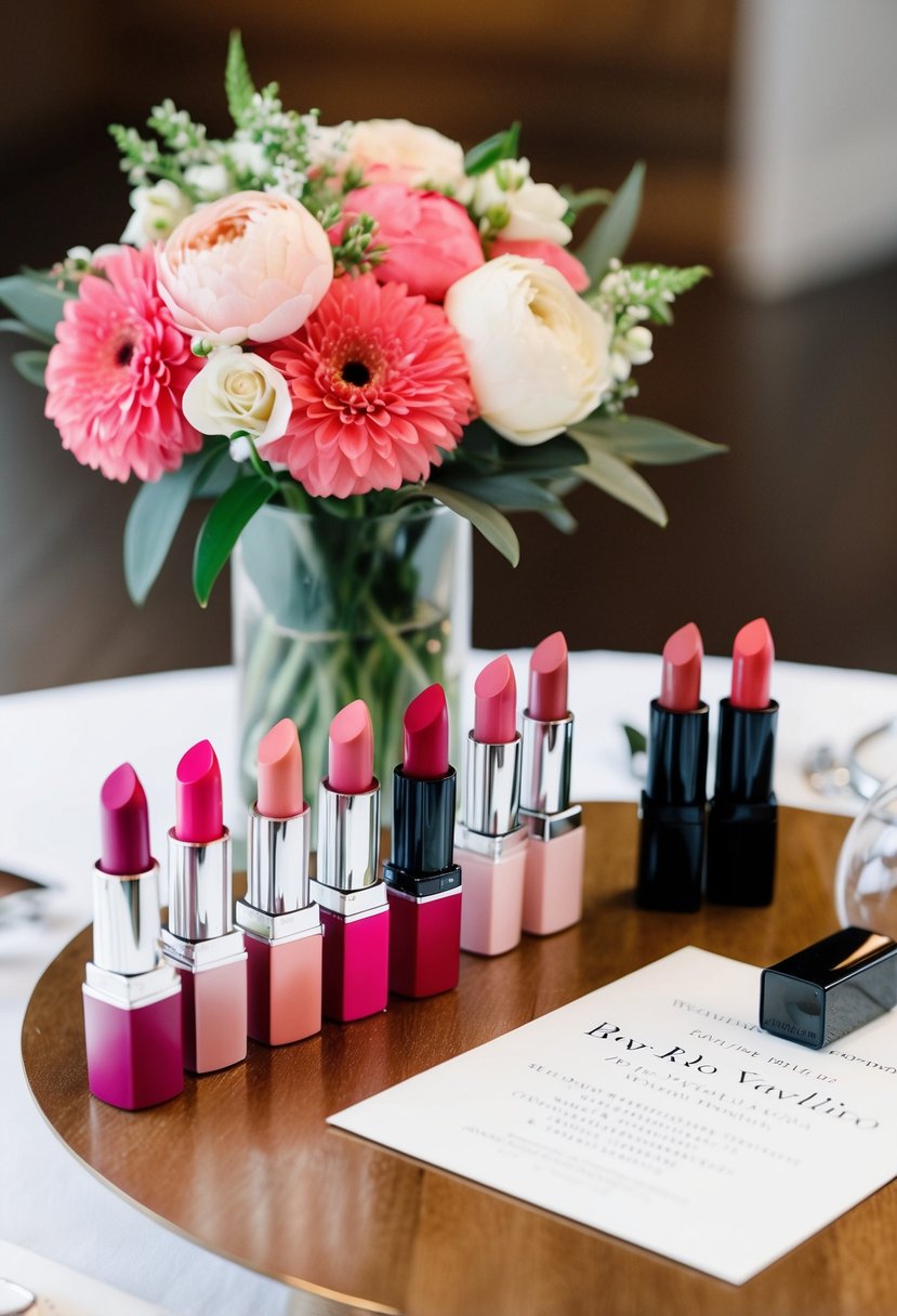 A table with various shades of pink lipstick, next to a bouquet of flowers and a wedding invitation