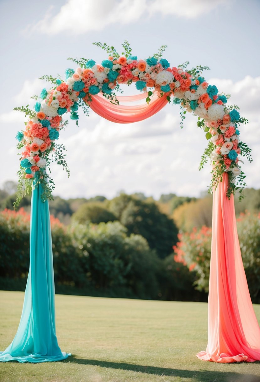 A teal and coral wedding arch adorned with vibrant flowers and draped with flowing fabric