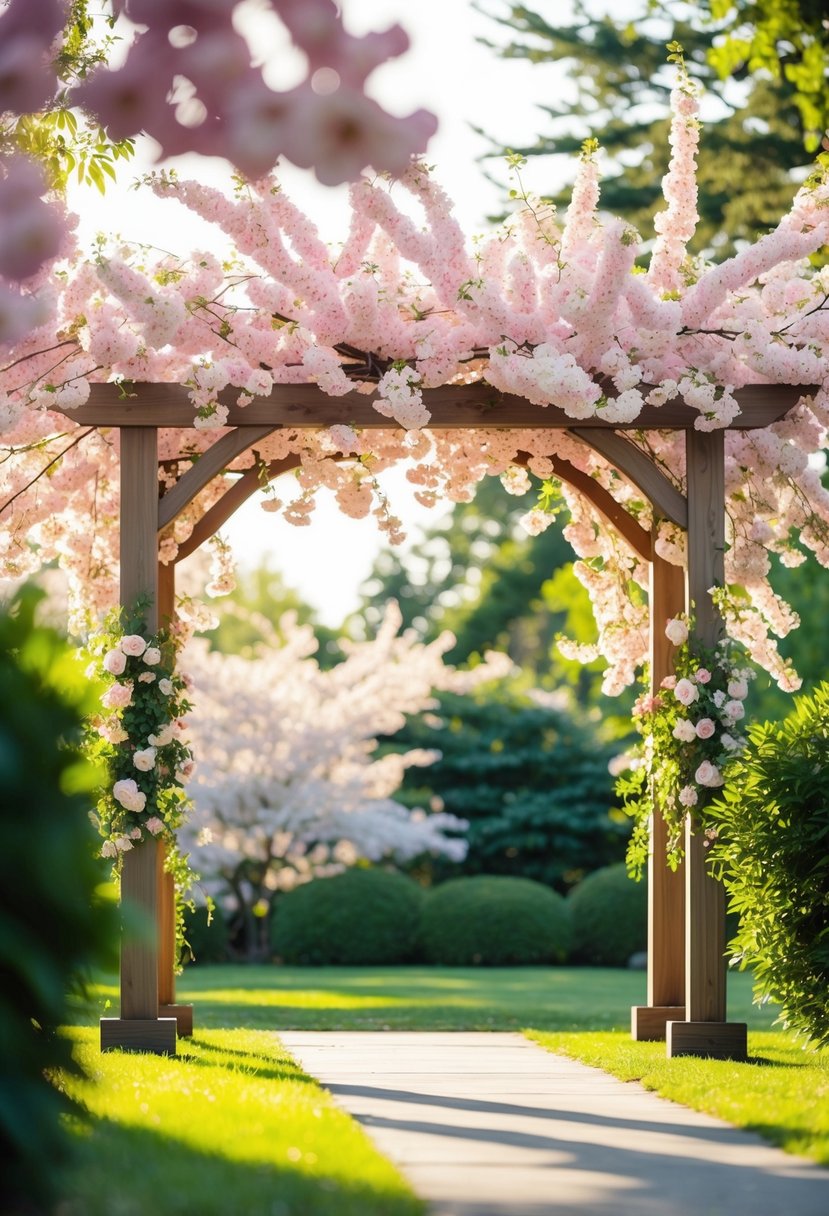 A wooden wedding arbor covered in pink cherry blossoms, surrounded by lush greenery and soft sunlight filtering through the delicate petals