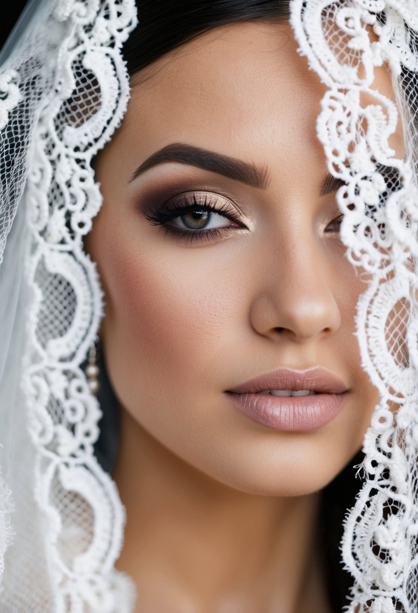 A bride's eye with a matte smokey look, framed by long lashes and soft brows, set against a backdrop of elegant wedding lace