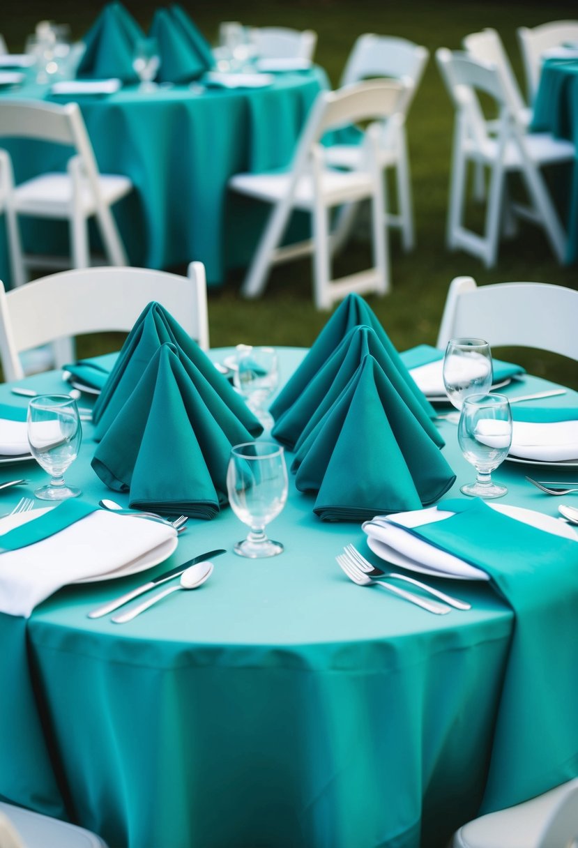 Teal napkins neatly folded on round tables with matching tablecloths for a cohesive look at a teal-themed wedding