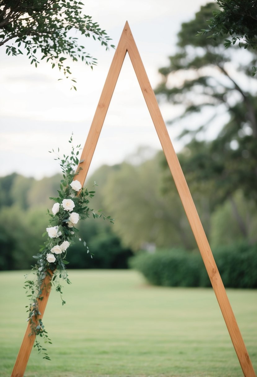 A simple wooden triangle arbor stands in a serene outdoor setting, adorned with minimalistic decor for a wedding ceremony