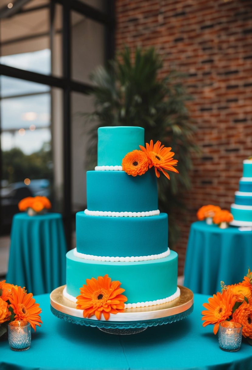 A teal wedding cake with orange flowers and teal table decor