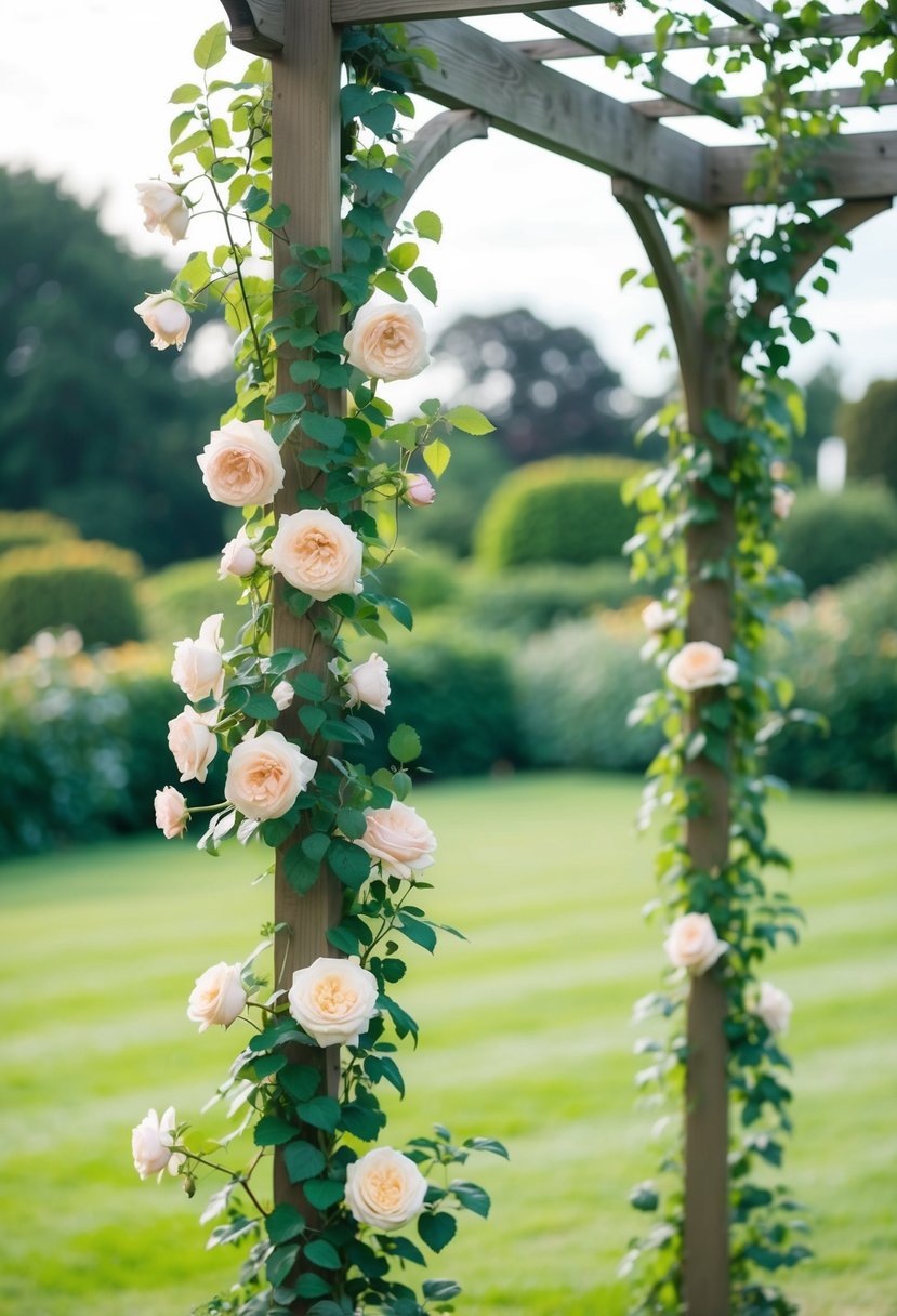 A garden trellis adorned with climbing roses, creating a romantic and picturesque wedding arbor