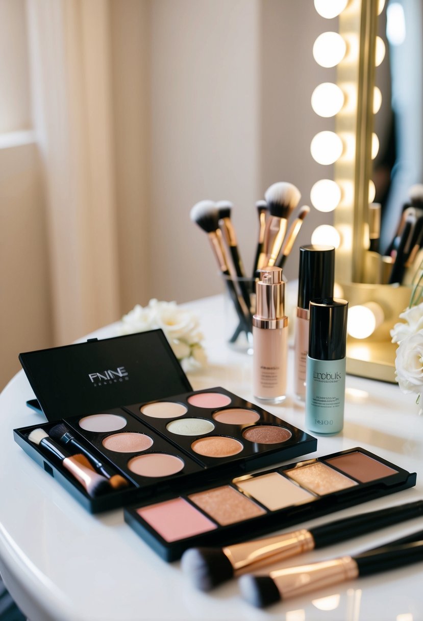 A bride's makeup table with soft lighting, a palette of light tinted moisturizers, and delicate brushes