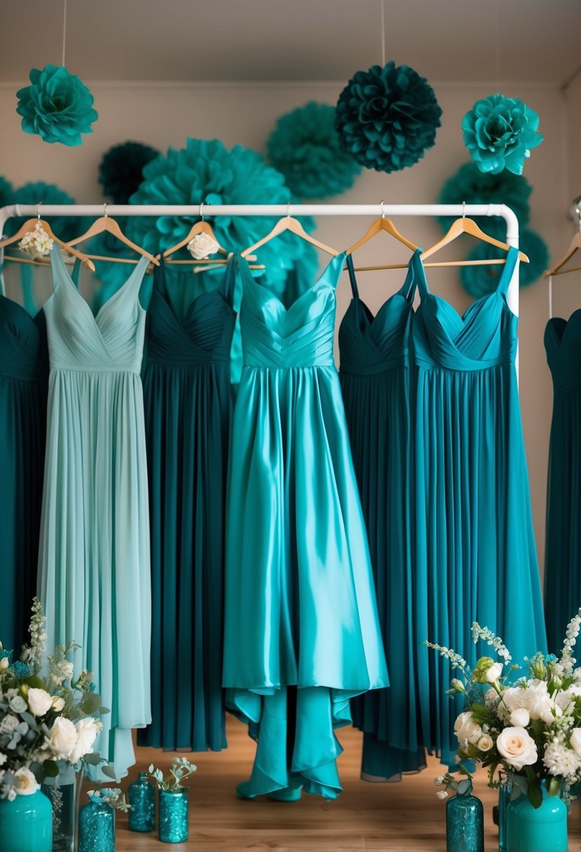 A group of teal bridesmaid dresses hanging on a rack, surrounded by teal wedding decorations and flowers