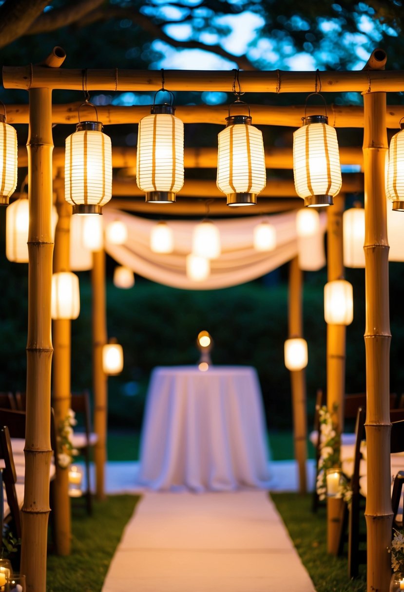 Glowing lanterns hang from a bamboo wedding arbor, casting a warm and romantic ambiance over the outdoor ceremony space