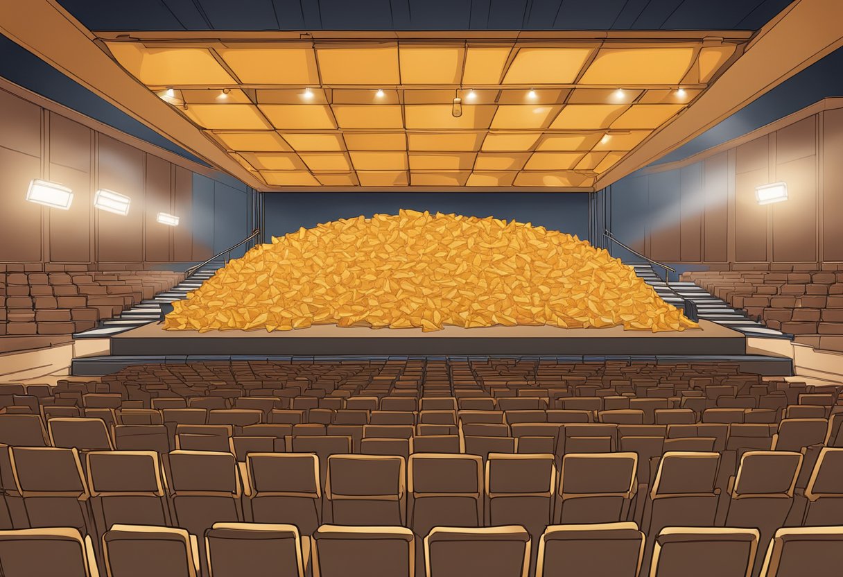 A concert hall stage with a spotlight shining on a table filled with bags of Quest Nutrition Nacho Cheese Chips, surrounded by empty seats