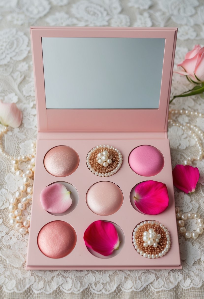 Soft pink blush palette with rose petals and pearls, set against a lace backdrop