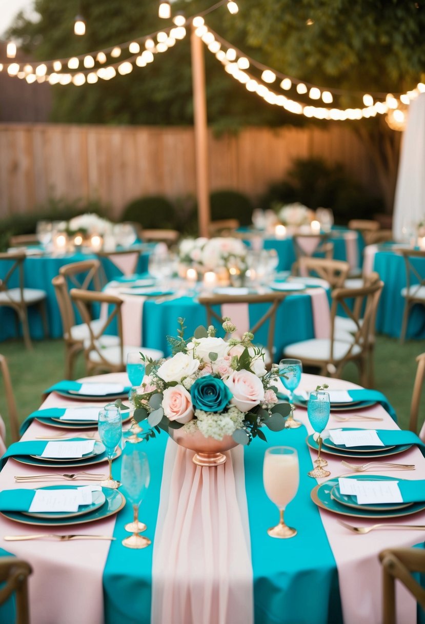 A romantic wedding table set with teal, blush, and ivory decor