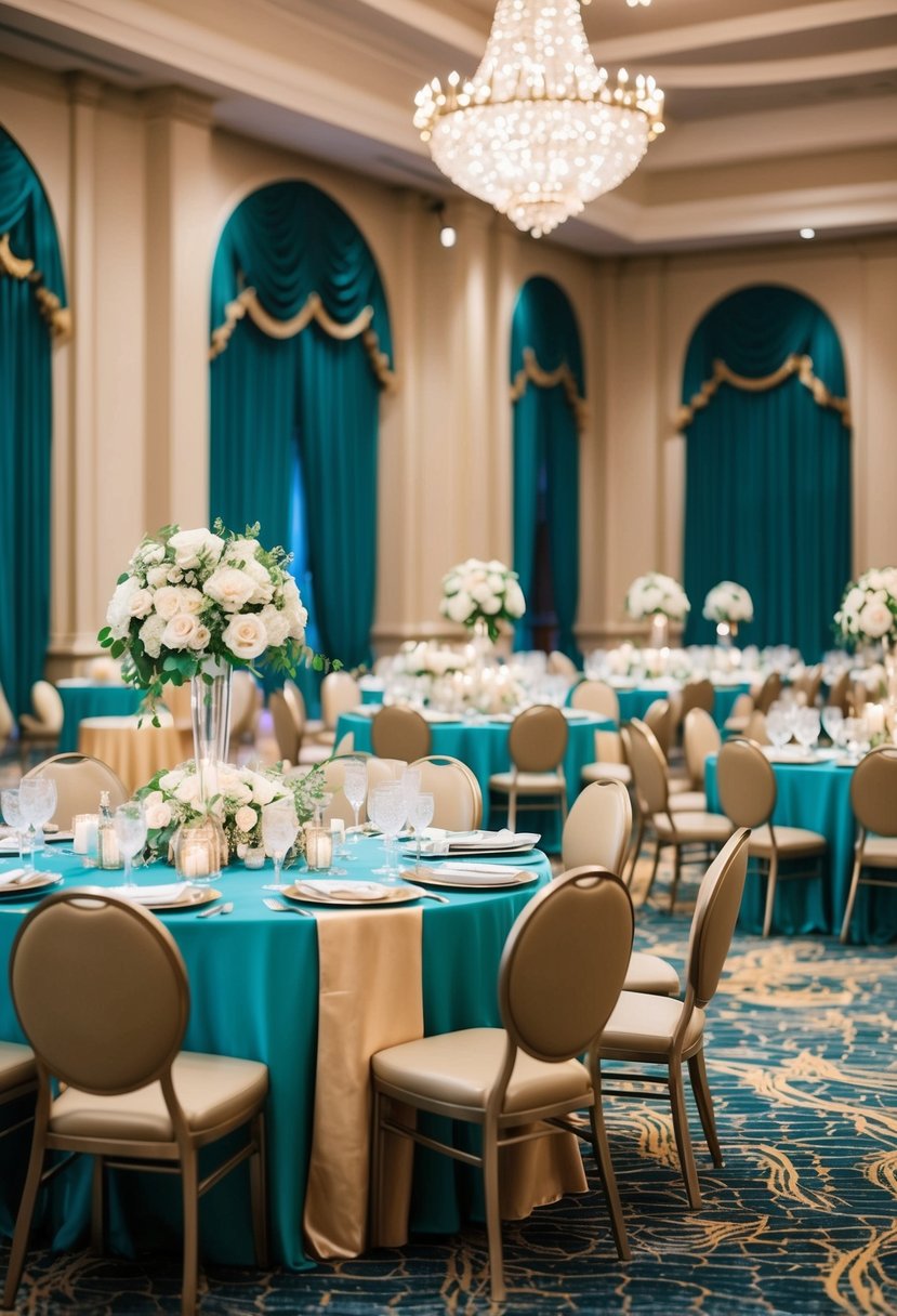 A grand ballroom adorned with teal and champagne decor, featuring elegant table settings and floral arrangements