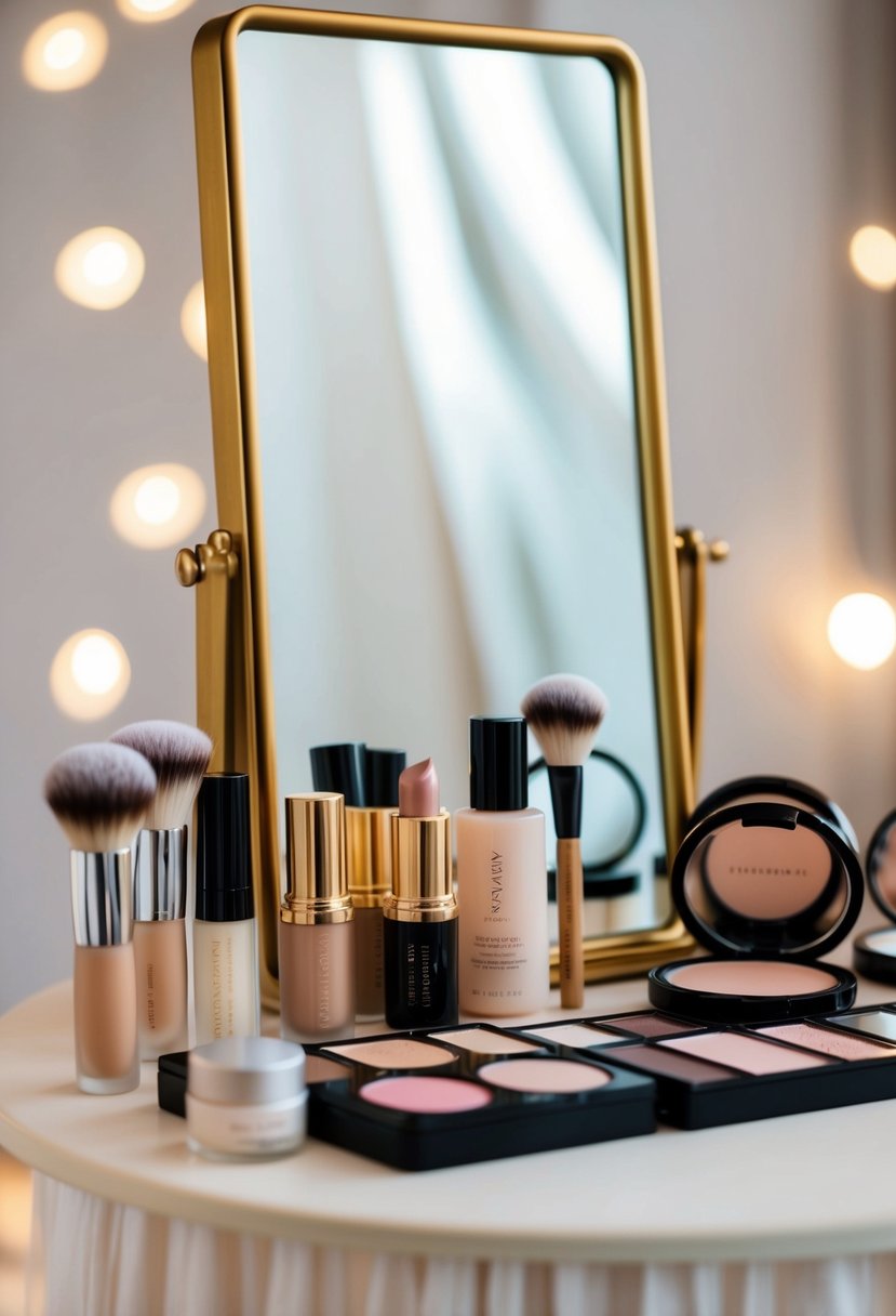 A table with makeup products in soft, neutral tones arranged neatly, with a mirror and soft lighting for a wedding makeup look