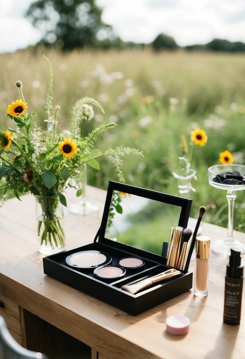 A bride's makeup station with earthy tones and natural light. Wildflowers and greenery add a touch of nature to the setting