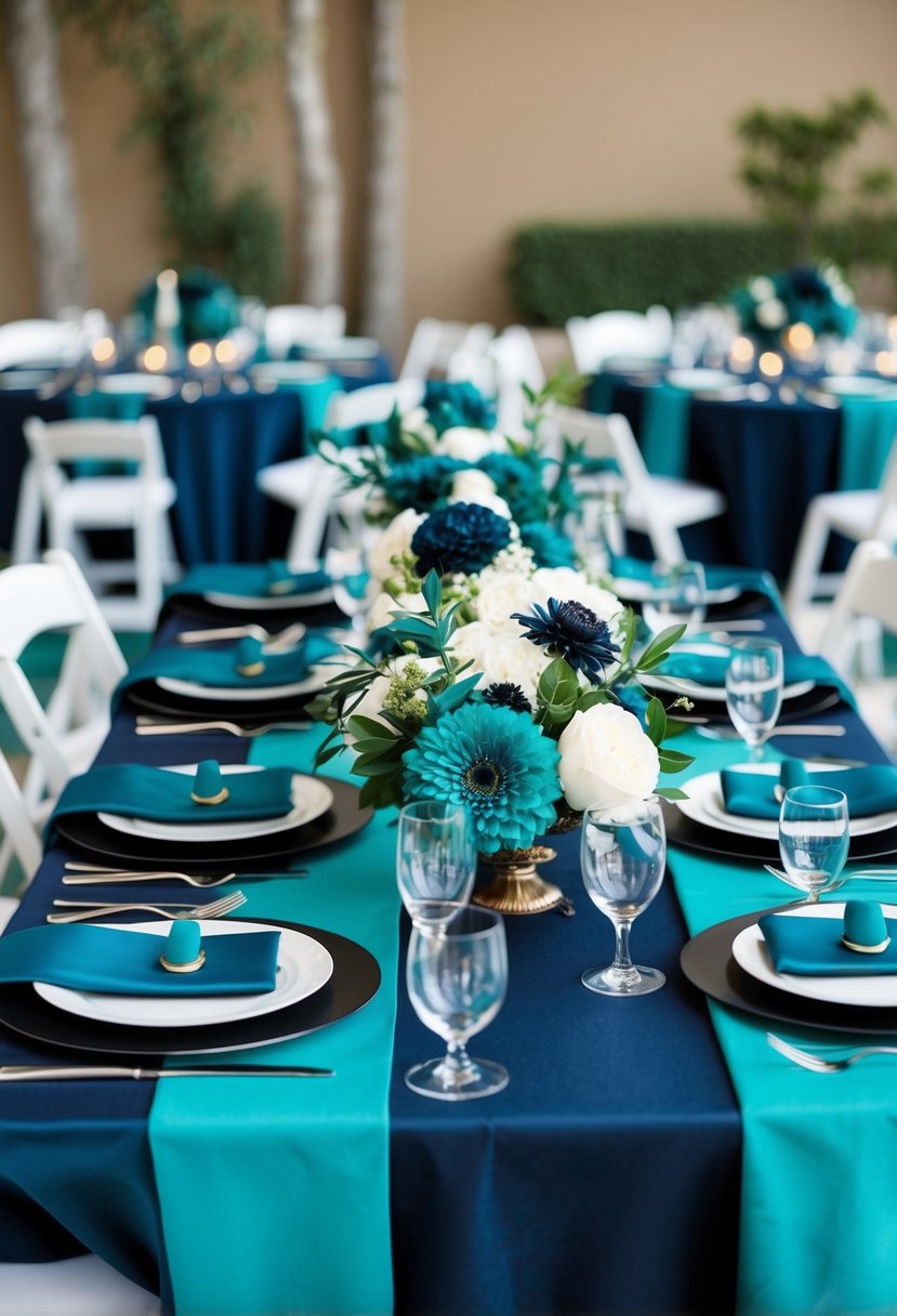 Dark teal and navy table settings with contrasting florals for a bold teal wedding theme