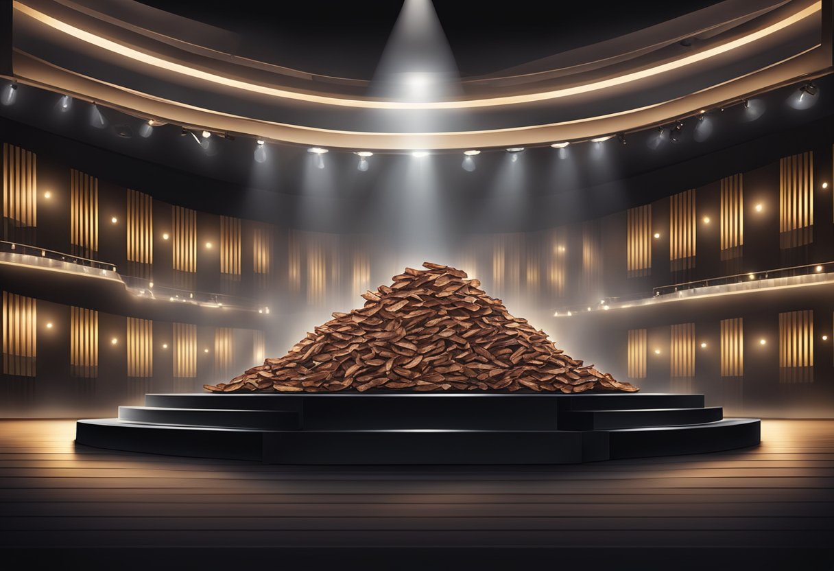 A concert hall stage with a spotlight illuminating a pile of biltong meat strips on a sleek black table